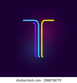 T letter logo is made of three neon lines. Vector font with glowing effect. Perfect for casino identity, vivid sale banner, and futuristic posters. 