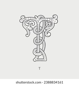 T letter logo. Medieval drop cap. Initial made of spiral Celtic pattern. Gothic illuminated calligraphy. Middle Ages heraldic ornate monogram. Saxon emblem for tattoos, pagan music, potions packaging.