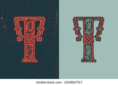 T letter logo in medieval knots lines style. Dim colored drop cap icon. Engraved barbarian emblem. Vintage illuminated initials. Perfect for vintage premium identity, Celtic posters, luxury packaging.