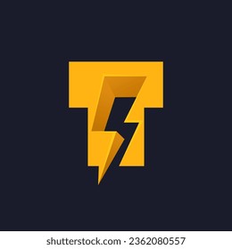 T letter logo with negative space lightning. Flash vector monogram. Electric bolt icon. Perfect type for energy labels, superhero t-shirt print, rock music posters, delivery art, electromobile adv.