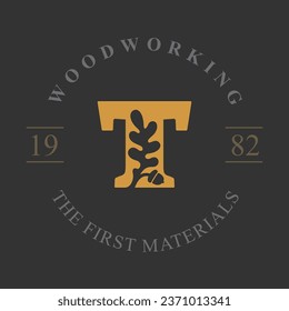 Logotipo de letra T con hoja de roble y bellota. Plantilla de emblema de círculo de estilo de espacio negativo. Icono vectorial para su identidad ecológica, marca real, símbolo de la naturaleza orgánica, escudo de armas universitario, etiqueta vintage.