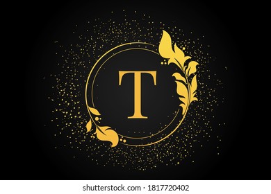 T letter logo on black background. Golden color T letter