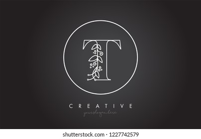 T Letter Logo With Organic Monogram Plant Leafs Detail and Circle Design. Creative Letter Icon Logo.