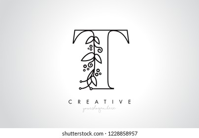 T Letter Logo With Organic Monogram Plant Leafs Detail and Circle Design. Creative Letter Icon Logo.