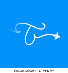 T letter logo with plane and airline. Vector typeface for travel labels, tourism headlines, journey posters, aviation cards etc.