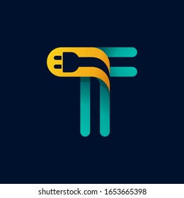 T letter logo with plug cable inside. Vector typeface for electric car identity, technology headlines, charging posters etc.