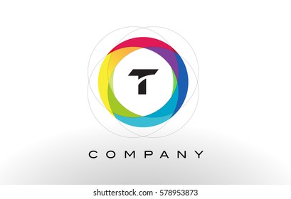 T Letter Logo with Rainbow Circle Design. Colorful Rounded Circular Letter Design 