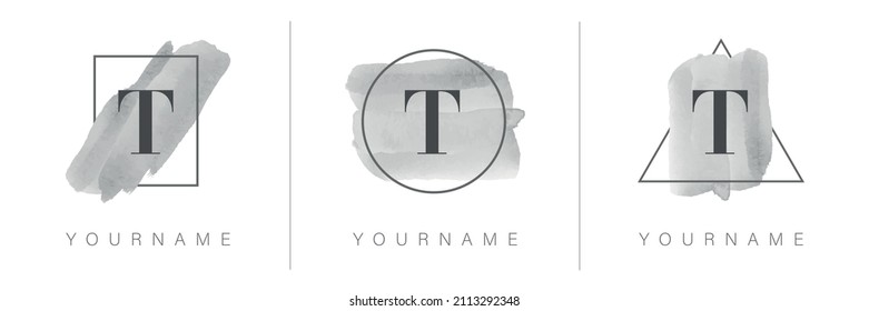 T letter logo with rectangle, circle and triangle design with watercolor brush stroke in gray tones.