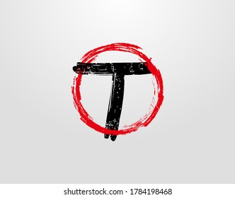 T Letter Logo With Red Circle Grunge Splatter Element. Retro T logo design template.