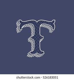 T letter logo in retro money style with line pattern and shadow. Slab serif type. Vintage vector font for labels and posters.