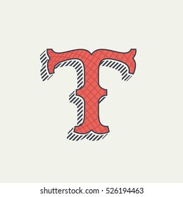 T letter logo. Retro western alphabet with line texture. Slab serif font. Vector vintage typography for your posters, sportswear, club t-shirt, banner, etc.