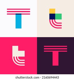 T letter logo set made of overlapping lines. Perfect for applique art, children design, vibrant advertising, mosaic packaging, pattern identity.