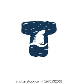 T letter logo with shark's fin. Hand drawn monochrome vintage nautical style. Perfect for clothing labels, apparel print, retro posters etc.