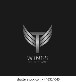 T letter logo. Silver wings symbol. Silver T letter logo template for air company