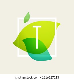 T letter logo in square frame at green leaves watercolor background. Vector ecology typeface for botanical labels, floral headlines, recycle posters, organic cards etc.