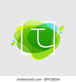 T letter logo in square frame at green watercolor splash background. Green art. Vector ecology typography for your posters, invitations, cards. 