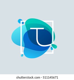 T letter logo in square frame at blue watercolor splash background. Vector ecology typography for your posters, invitations, cards. 