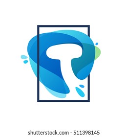 T letter logo in square frame at blue watercolor splash background. Vector ecology typography for your posters, invitations, cards. 