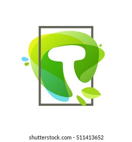 T letter logo in square frame at green watercolor splash background. Vector ecology typography for your posters, invitations, cards. 