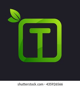 T letter logo in square and green leaves.