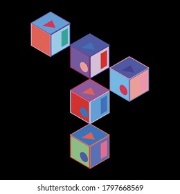 T letter logo symbol. Cubes lined up in space. Rows forming a line. Guessing the isometric shape. Hexagonal riddle angle view.