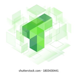 T letter logo symbol. Cubes lined up in space. constructive from cubic forms, Structure of connected planes. Rows forming a line. Guessing the isometric shape. Hexagonal riddle angle view.