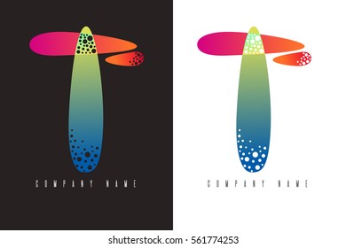 T - letter logo. Vector logotype design made with abstract colorful shapes on black and white background. Abc alphabet design for corporate identity