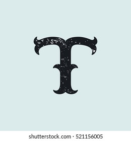 T letter logo. Vintage decorative slab serif with rough grunge texture. Vector font for western, sport or historical labels, posters etc.