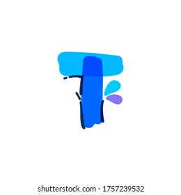 T letter logo with water drops and waves. Handwritten with a felt-tip pen. Vector bold marker font can be used for washing labels, healthcare headlines, pure posters, ecology cards etc.