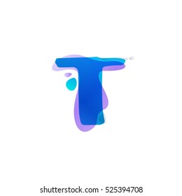 T letter logo with watercolor splashes. Color overlay style. Vector ecology typeface for labels, headlines, posters, cards etc.