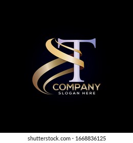 T letter luxury silver and golden ribbon design