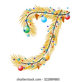 T - Letter. Made of a Christmas tree with festive decorations. Isolated on white