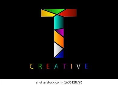 T letter in many colors with broken glass effect. Shattered letter with falling pieces vector illustration for logo, monogram, label, cover, emblem, company name, glass business, firm sign or web page