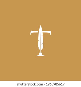 t letter mark feather pen signature quill logo vector icon illustration