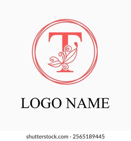 T Letter Monogram Logo with Floral for Beauty, Skincare, Fashion Business Logo Idea. Feminine Logo Concept. Simple Minimalist Floral Logo Vector