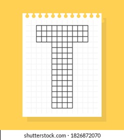 T letter on notepad sheet of squared paper, made of squares. Vector illustration