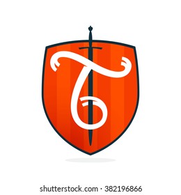 T letter on the sword and shield. Font style, vector design template elements for your application or corporate identity.