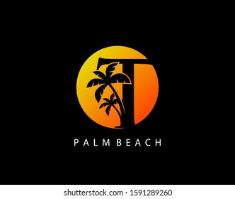 T Letter Palm Tree and Sun Set Logo Icon. Perfect for surfing shop, sport, Tour and Travel. Initial T with sunset and palm tree.