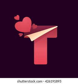 T letter with paper folded corner and hearts. Vector paper style typeface for st. Valentine's day. Red letter icon for card, app icon, corporate identity, label or poster.