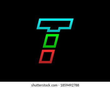 T letter rgb logo, vector desing font .Dynamic split red, green, blue color on black background. For social media,design elements, creative poster, web template and more