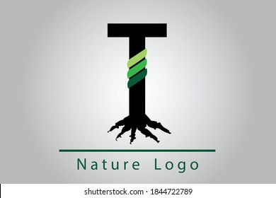 T Letra con raíz y hojas. Diseño de logotipo con hojas verdes en una rama. Símbolo del concepto de naturaleza. Ilustración de vectores de letras ecológicas y orgánicas.