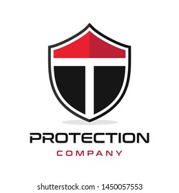T Letter shield vector logo template. Black and red color. This alphabet or font symbol suitable for protection business.
