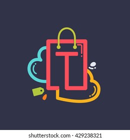 T letter with shopping bag and hearts icon. Vector design element for tag, card, corporate identity, label, sticker or poster.