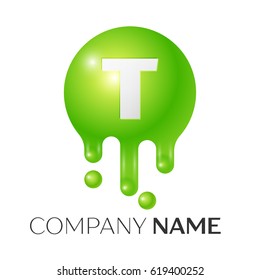 T Letter splash logo. Green dots and bubbles letter design on white background. Vector Illustration