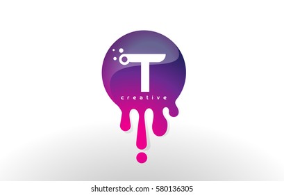 T Letter Splash Logo. Purple Dots and Bubbles Letter Design Vector Illustration.