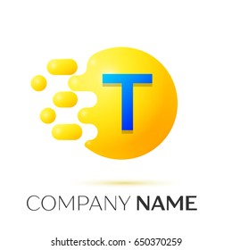 T Letter splash logo. Yellow dots and circle bubble letter design on grey background. Vector Illustration