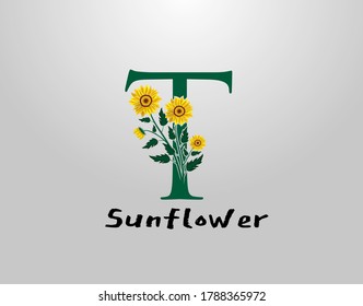 T Brief mit Sonnenblume, Vektordesign. Logo-Symbol für Blumenpflanze T. Typografie-Design
