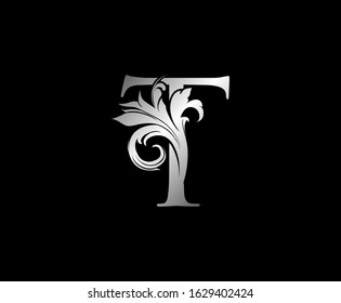 T Letter Swirl Logo. Silver T With Classic Leaves Shape design perfect for fashion, Jewelry, Beauty Salon, Cosmetics, Spa, Hotel and Restaurant Logo. 