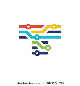 T Letter With Train Track Route Or Data Analytics Connected Lines And Circles Logo Design Vector