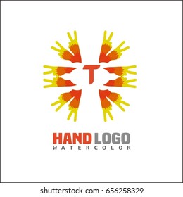 T letter unity Abstract Vector Sign, Symbol or Logo Template. Hand Shake Concept.